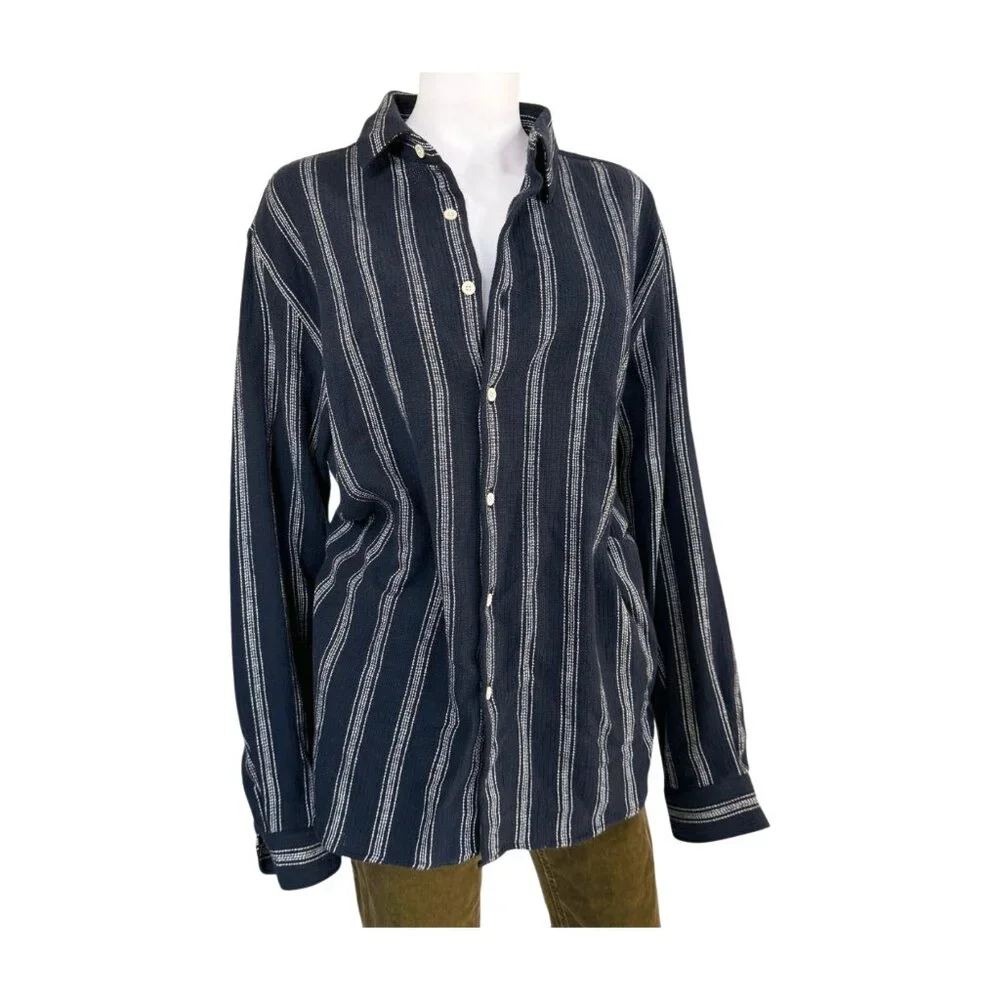 Zara Navy Blue Striped Cotton Button-Up Blouse | Oversized Fit | USA XL - Picture 10 of 10